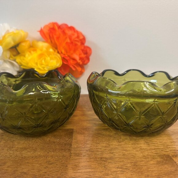 Indiana Glass Avocado Green Quilted Bowls Vintage Textured Diamond Star Pattern - Picture 2 of 7
